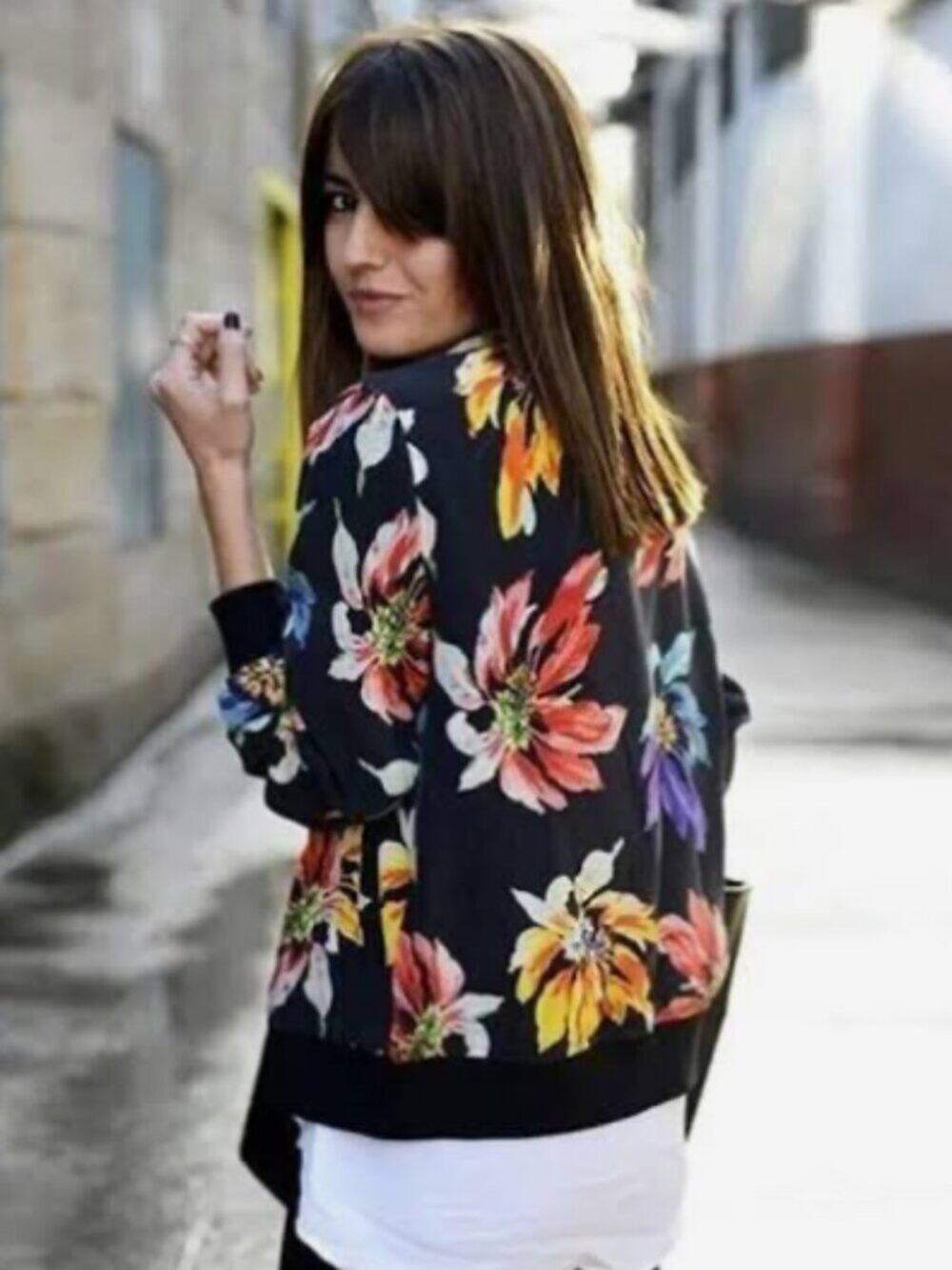 Theory Womens 100% Silk Bright Floral Zip Up Bomber Jacket Oversized Size S